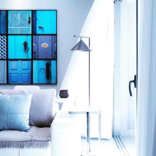 Blue, silver, and white living room